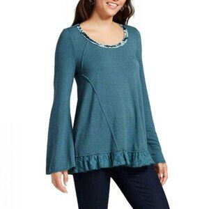 Knox Rose Teal Blue Tunic Top XXL Lace Flounce Hem Velvet Neckline Long Sleeves